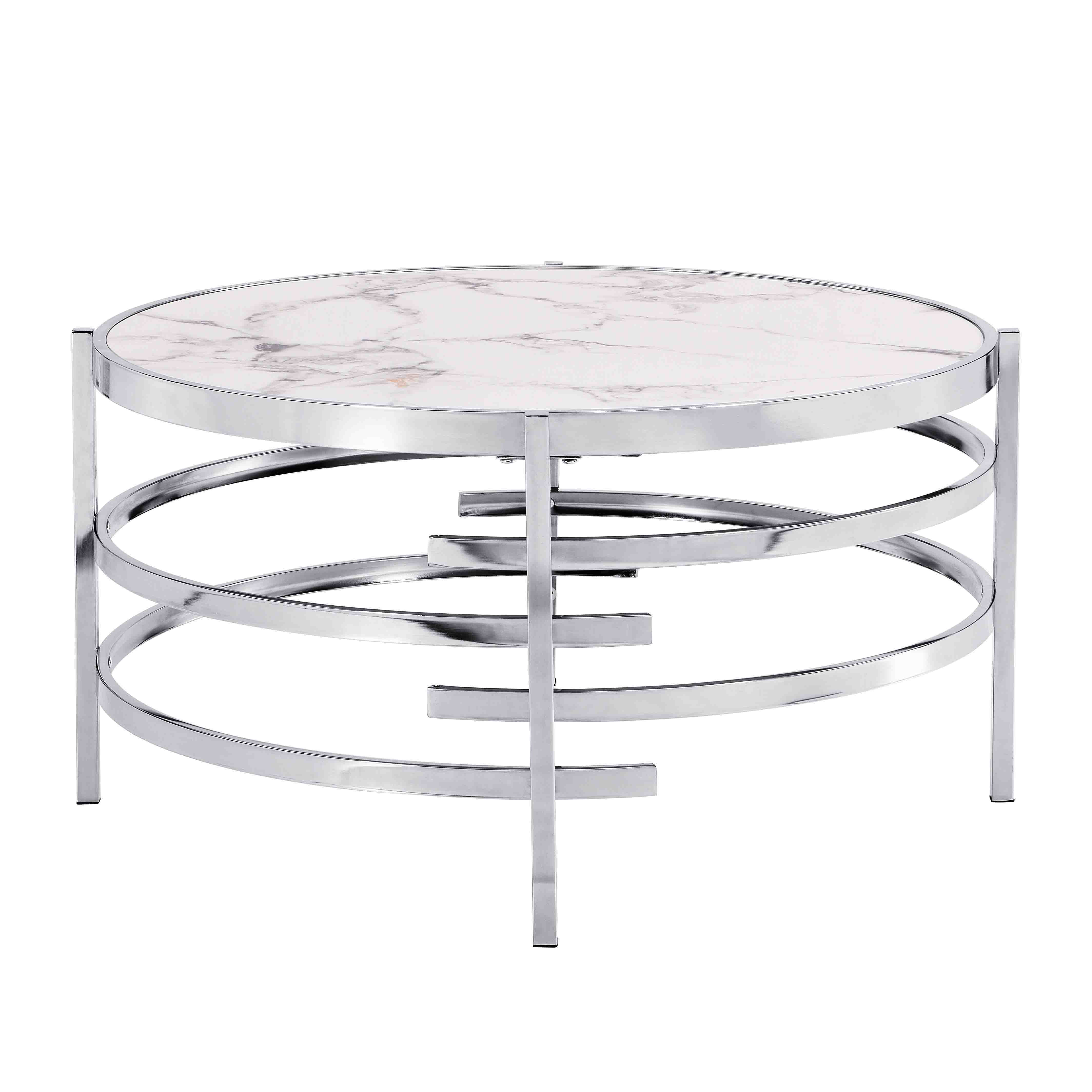 Chrome Round Coffee Table With Sintered Stone Top&Sturdy Metal Frame, Modern Coffee Table For Living Room, Silver