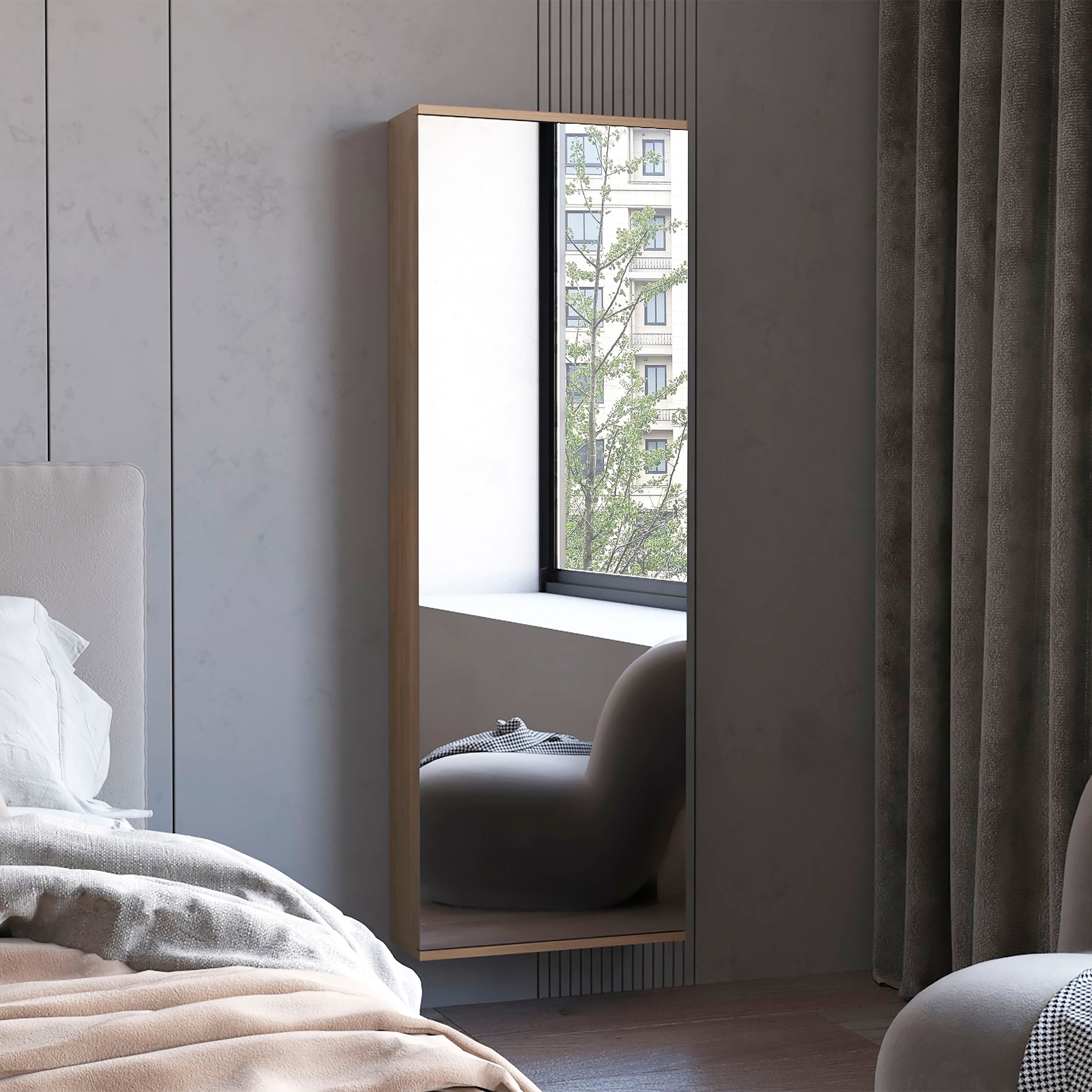 FM FURNITURE Queen Creek Shoe Rack Mirror Natural Oak