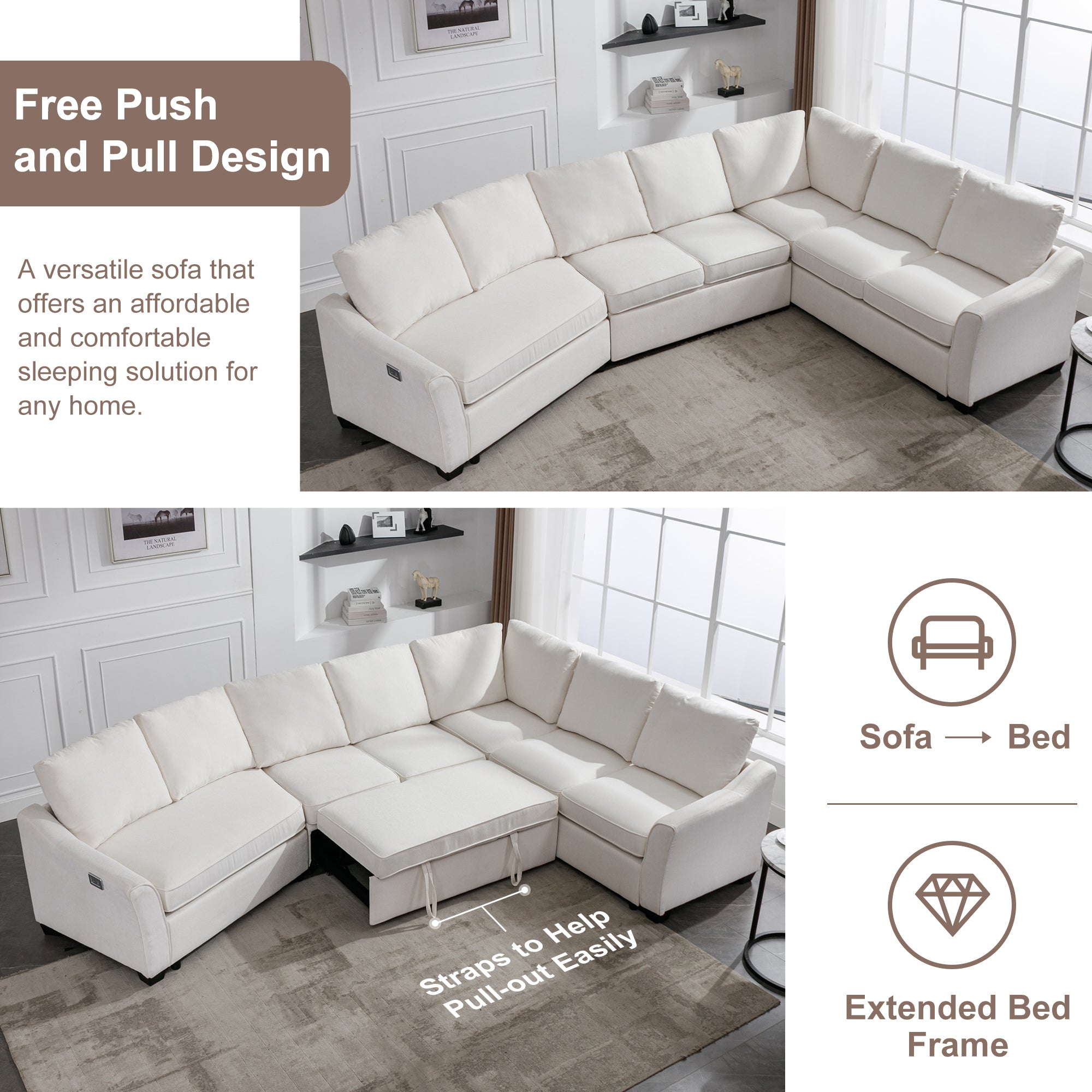 129.5" Beige Chenille L Shaped Sectional Sleeper Sofa w/ USB-Stationary Sectionals-American Furniture Outlet