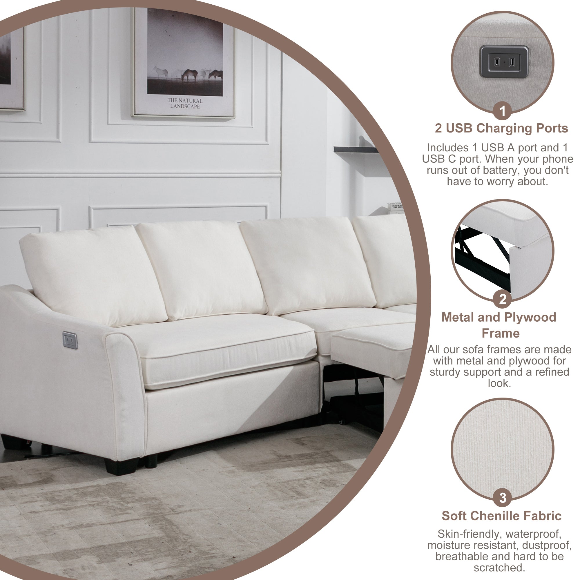 129.5" Beige Chenille L Shaped Sectional Sleeper Sofa w/ USB-Stationary Sectionals-American Furniture Outlet