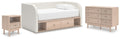 Twin daybed with storage drawers, white upholstery, matching nightstand and dresser