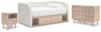 Twin daybed with storage drawers, white upholstery, matching nightstand and dresser