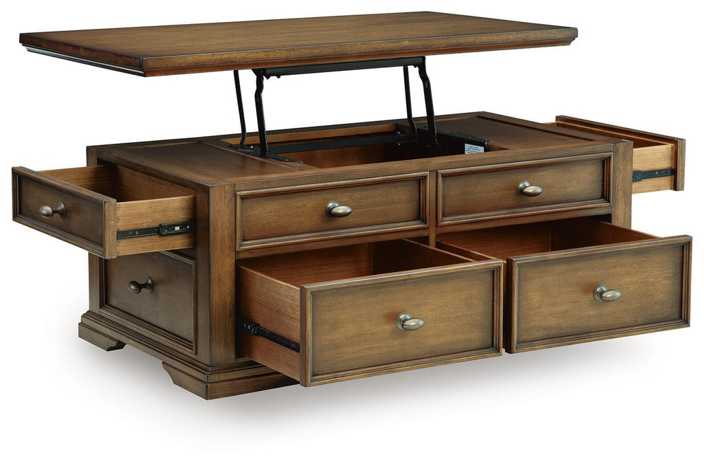 Dark brown wood lift-top table with open storage and front drawers
