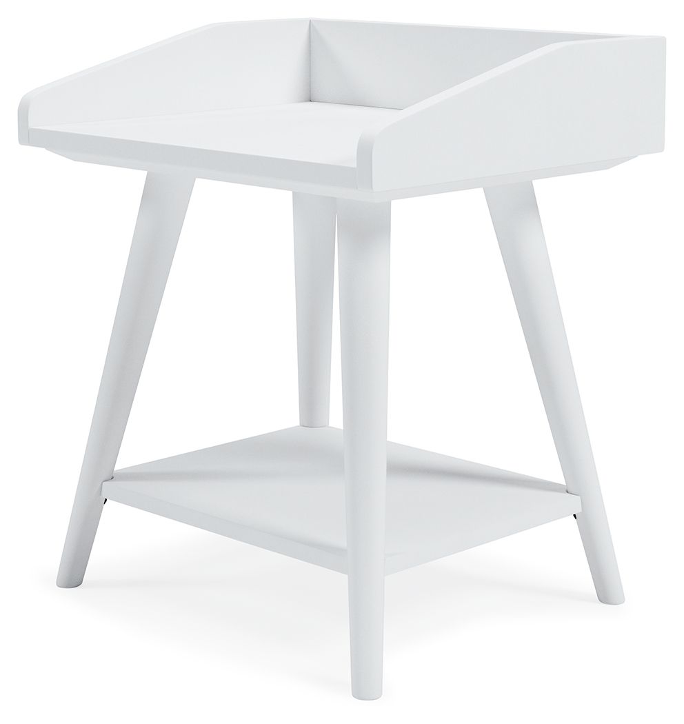 White accent table with rounded corners and lower shelf