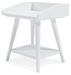White accent table with rounded corners and lower shelf