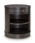 Dark brown round accent table with drawer and open lower shelf