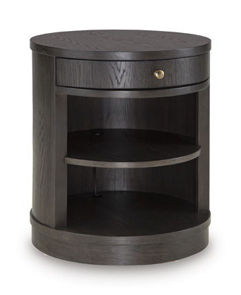 Dark brown round accent table with drawer and open lower shelf