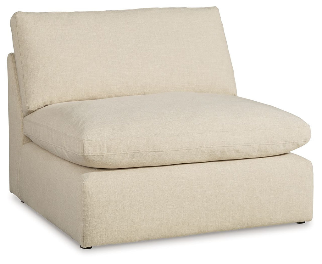 Linen armless chair with beige fabric, thick seat cushion, boxy ottoman base