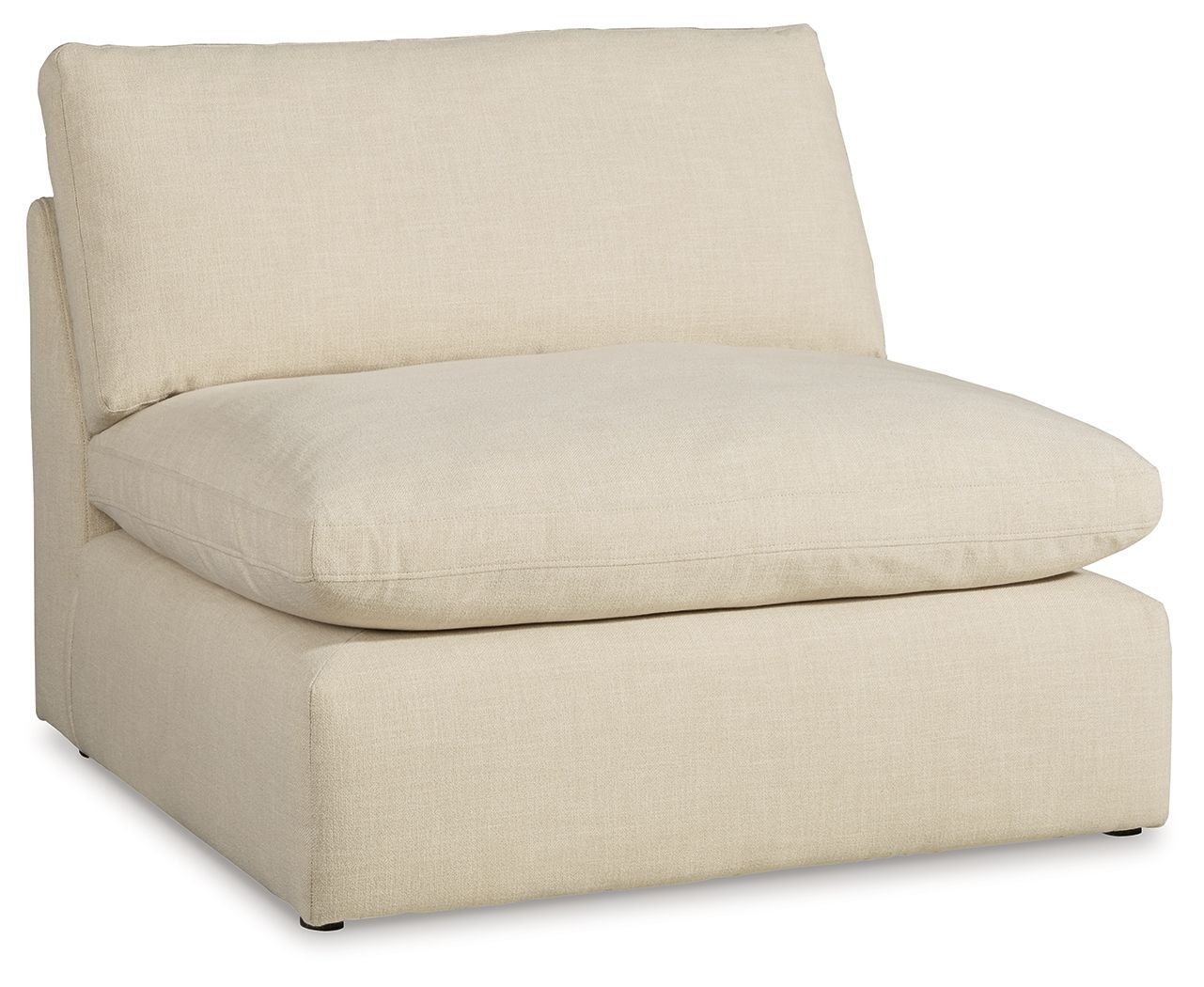 Linen armless chair with beige fabric, thick seat cushion, boxy ottoman base