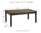 Rectangular dining table, 72 in L x 40 in W x 31 in H, dark legs
