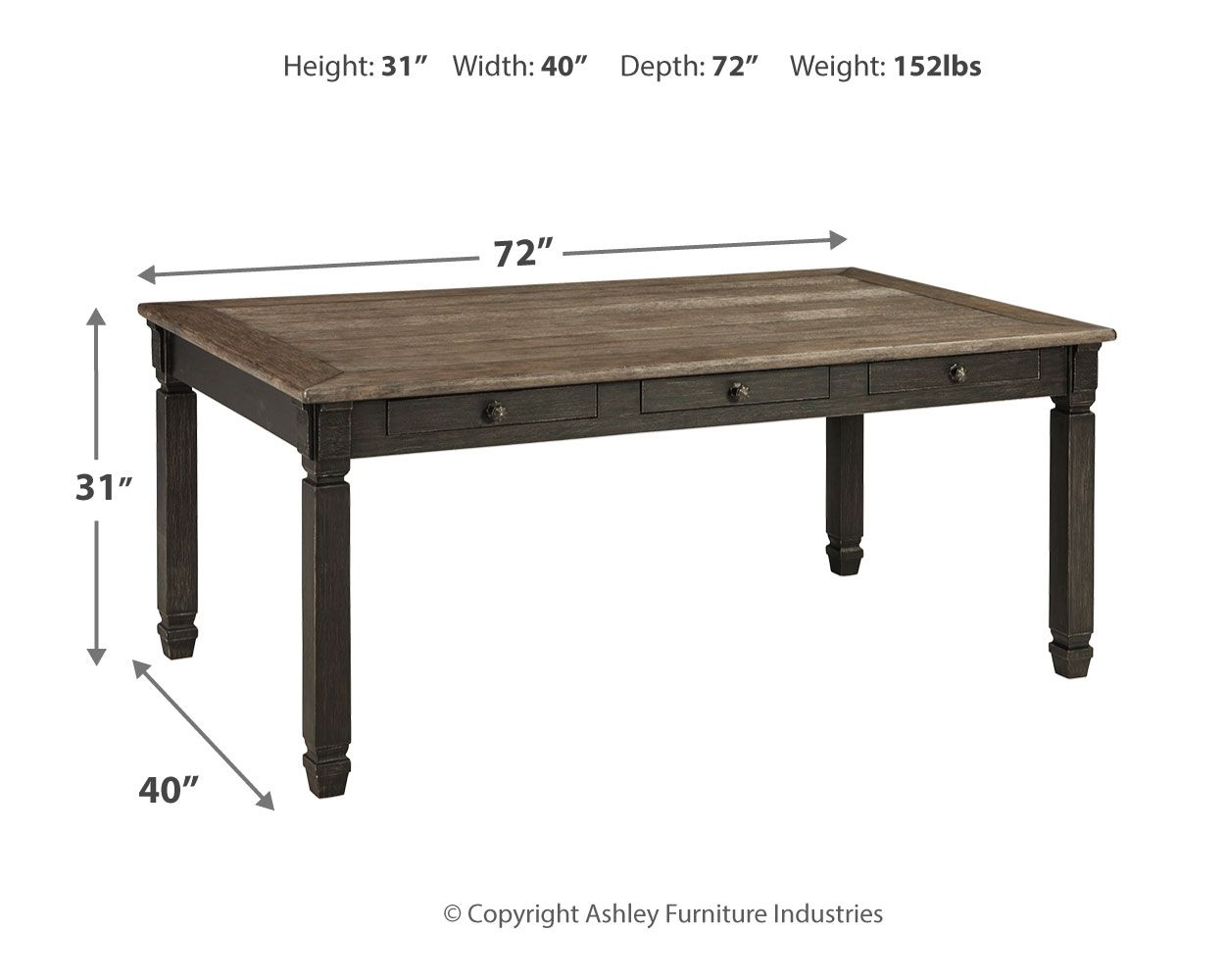Rectangular dining table, 72 in L x 40 in W x 31 in H, dark legs