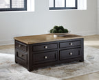 Lift-top cocktail table in brown wood and dark finish with drawers and silver knobs