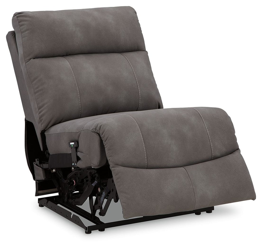 Slate fabric power armless recliner showing power base and padded footrest