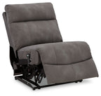 Slate fabric power armless recliner showing power base and padded footrest