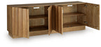 Accent cabinet with open doors, adjustable shelves, whitewashed wood finish
