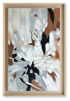 Framed abstract wall art with white, light blue, tan and black brush strokes