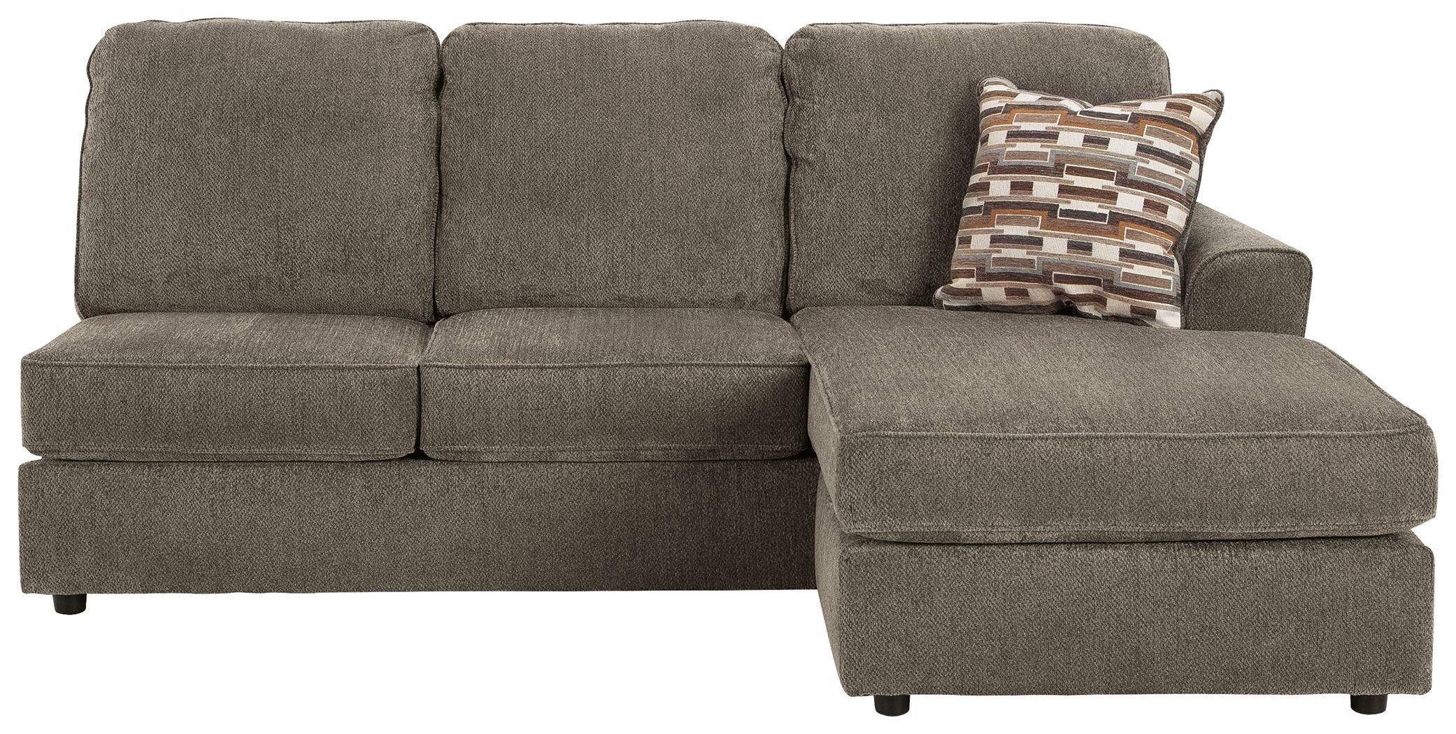 Gray sofa chaise with deep seat cushion and patterned throw pillow on arm