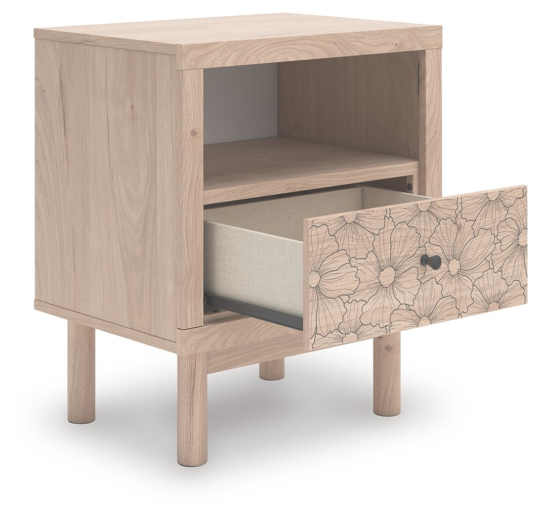 Tan wood one-drawer night stand with open shelf and floral drawer front, square top