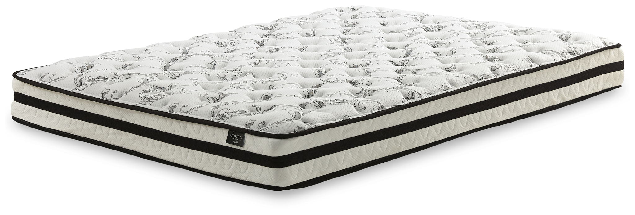 Firm white innerspring mattress with quilted top and black trim edge