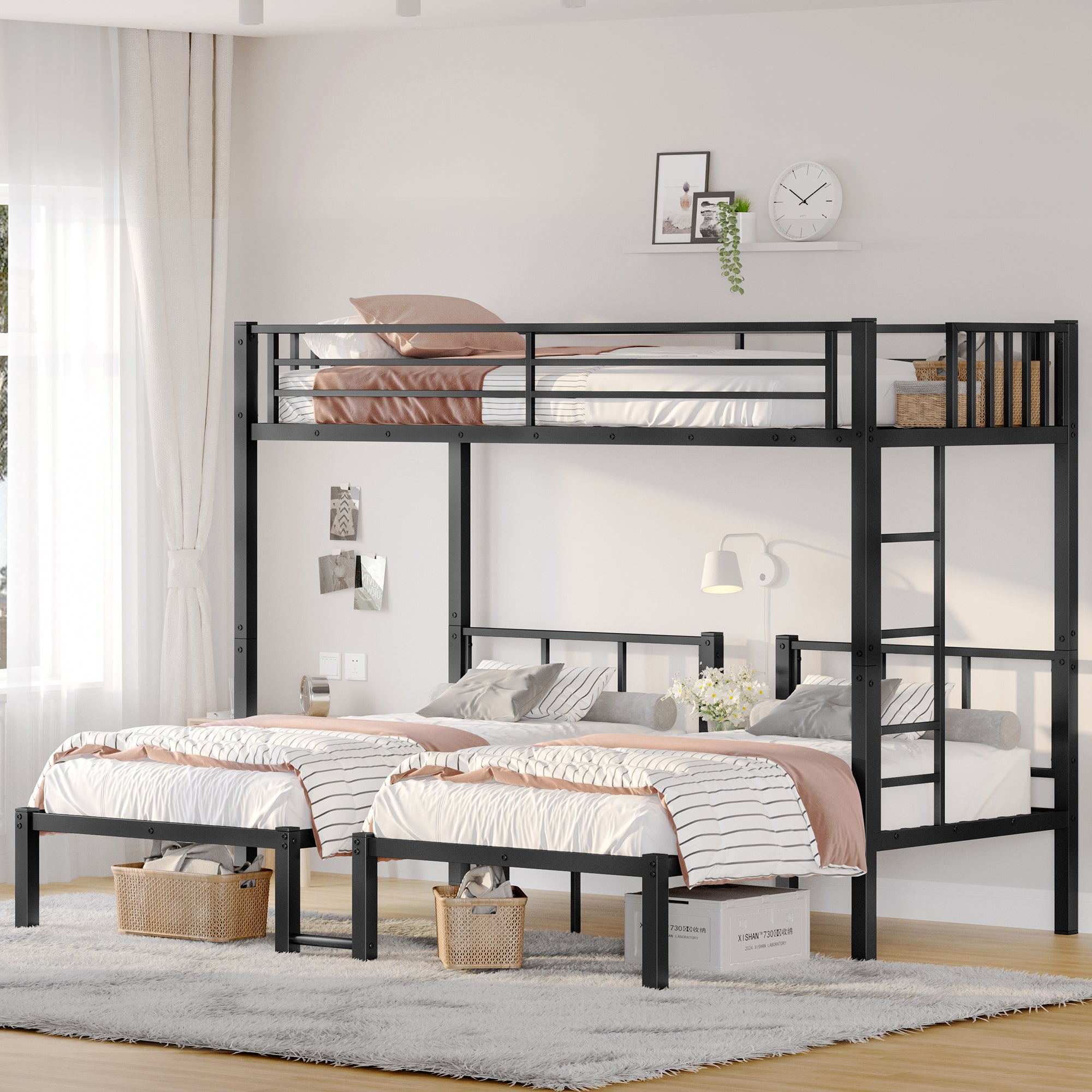 Twin/Twin XL Triple Bunk Bed - Metal 3 Sleeper Bunks - Black