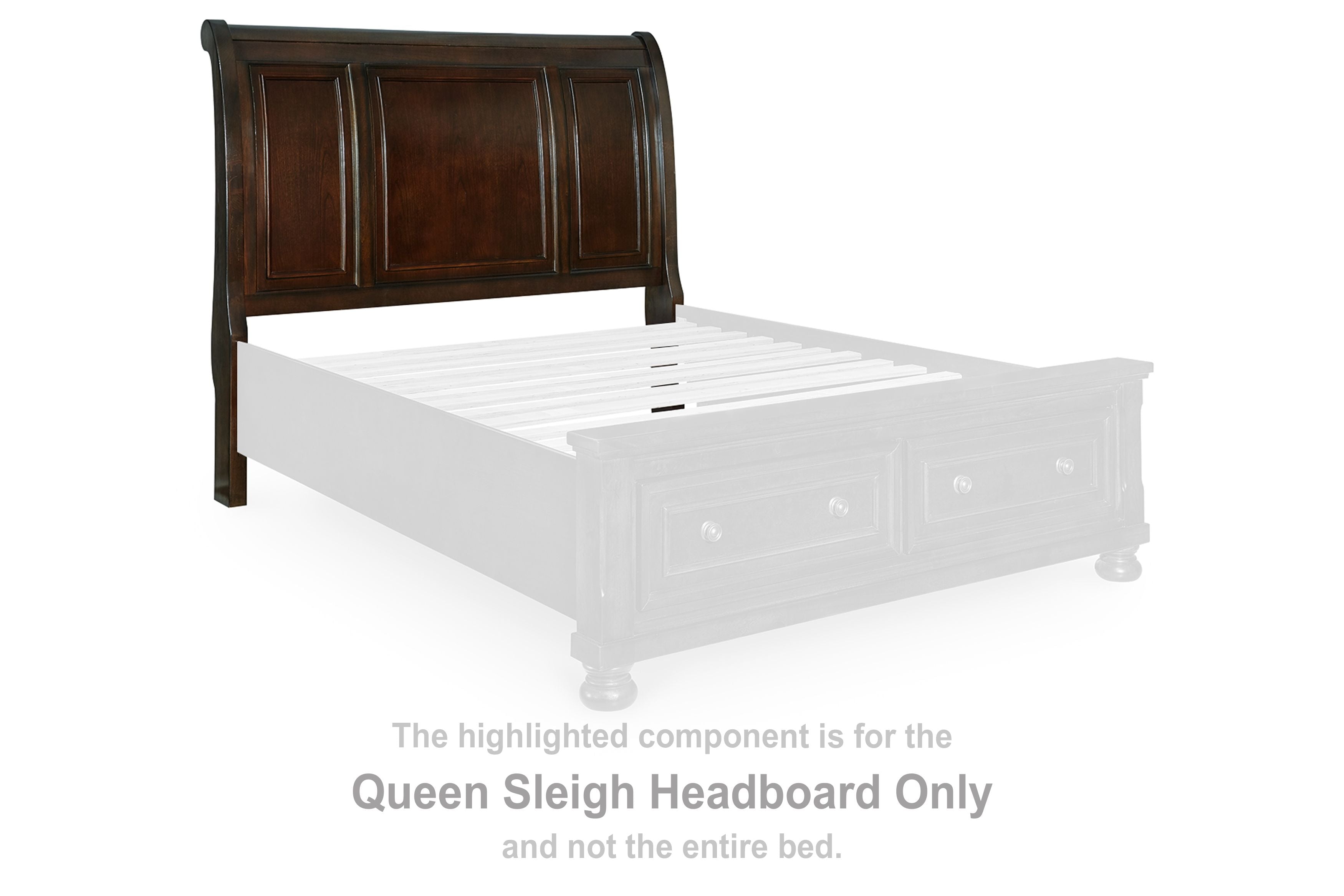 Queen sleigh headboard in rustic brown with segmented top rail and inset panels