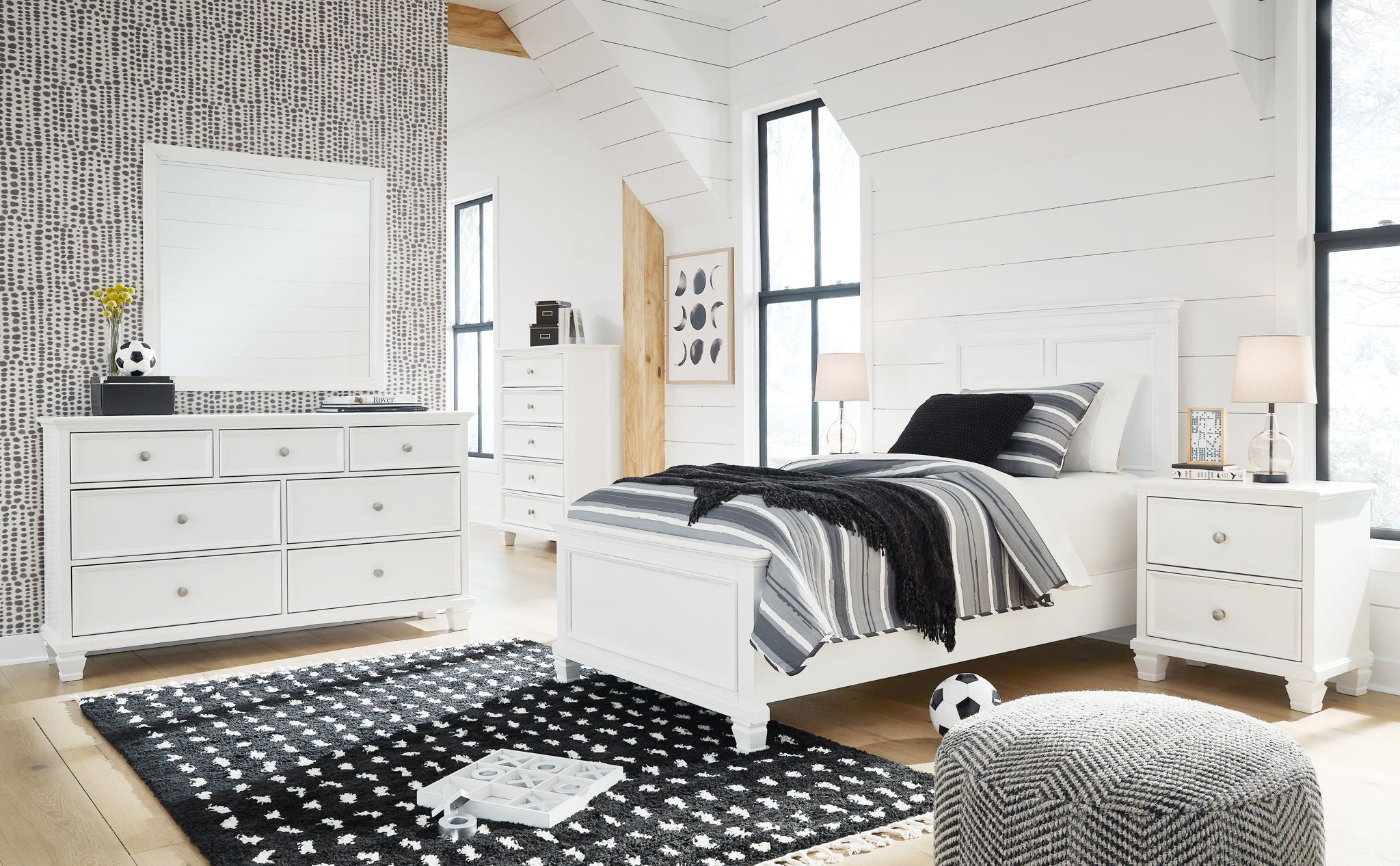 White panel bedroom set with bed and matching nightstands