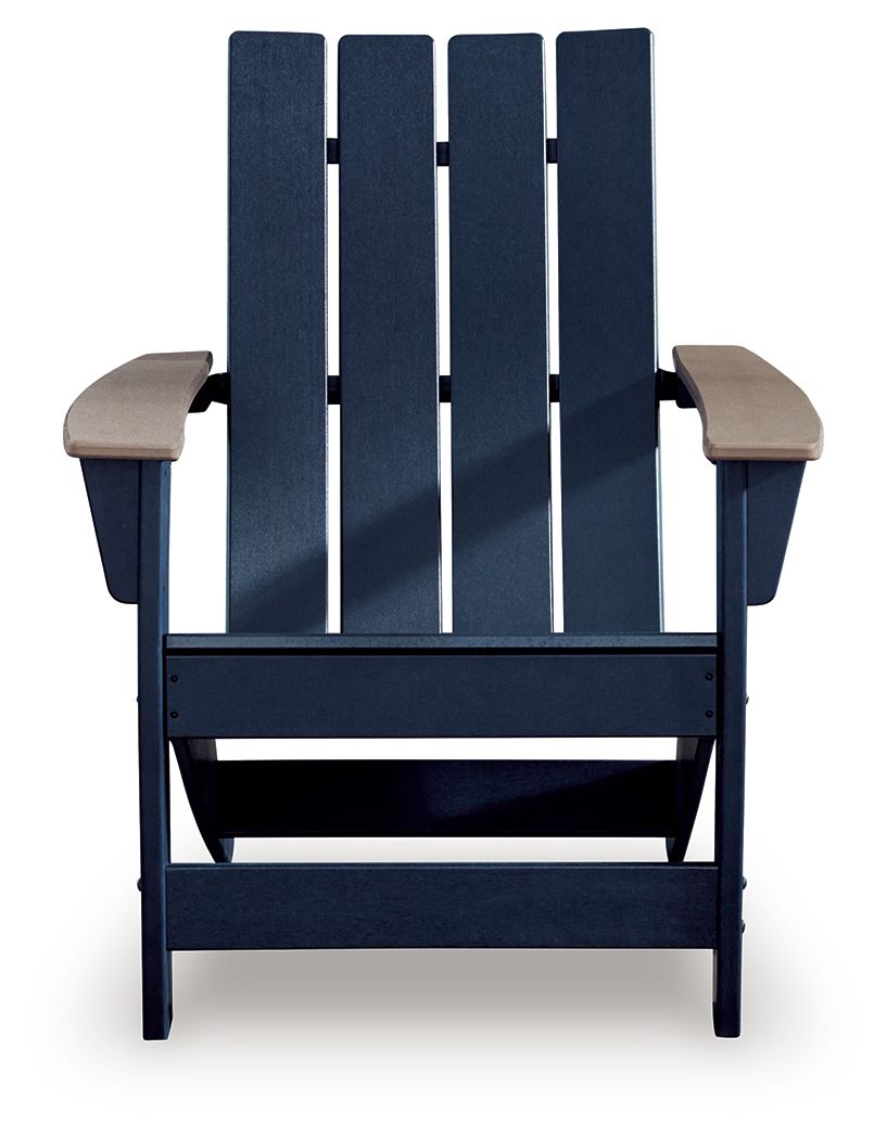 Adirondack chair front view with dark navy slatted back and beige armrests