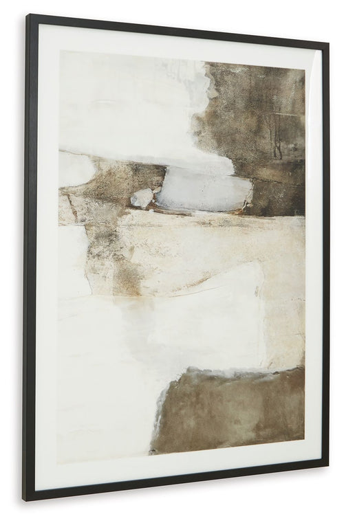 Framed abstract wall art with off-white and dark brown collage blocks
