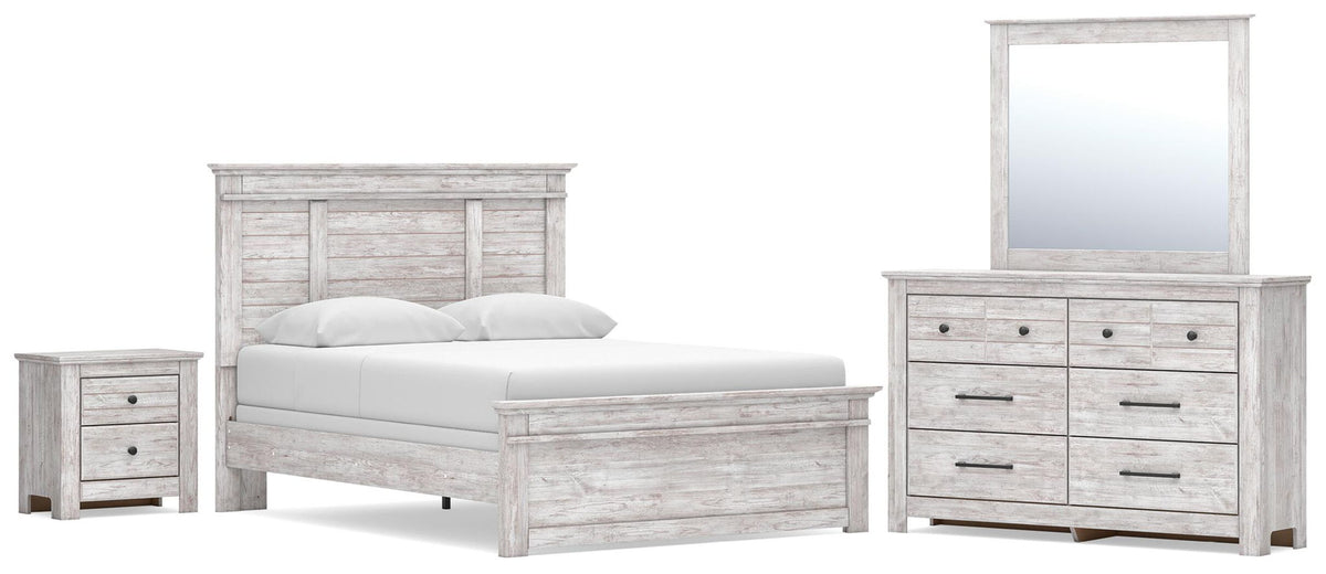 Panel bedroom set with bed, dresser, mirror, and nightstand in light gray