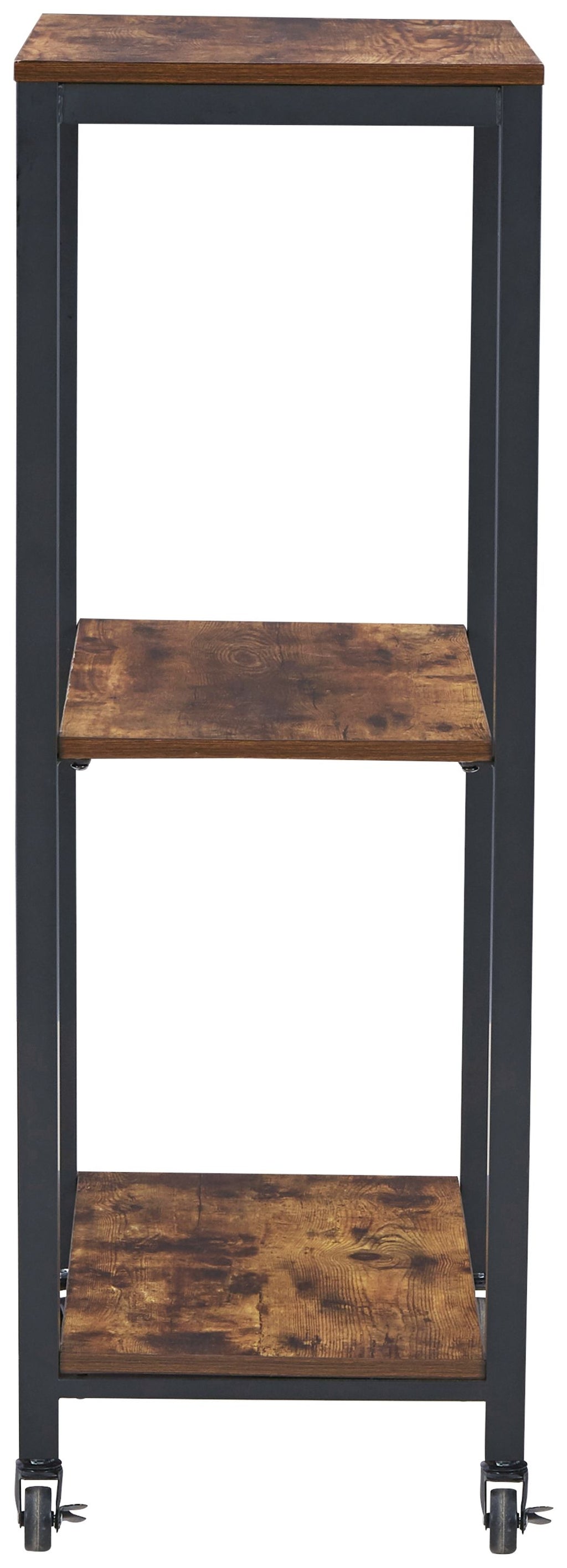Brown wood bar cart with black metal frame, two open shelves, and caster wheels