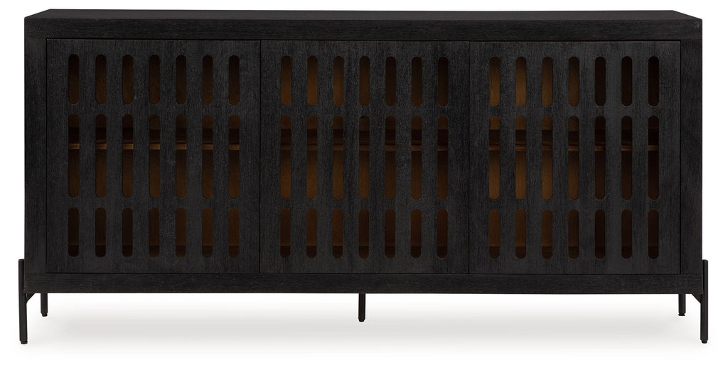 Black accent cabinet with vented slatted front panels and raised legs