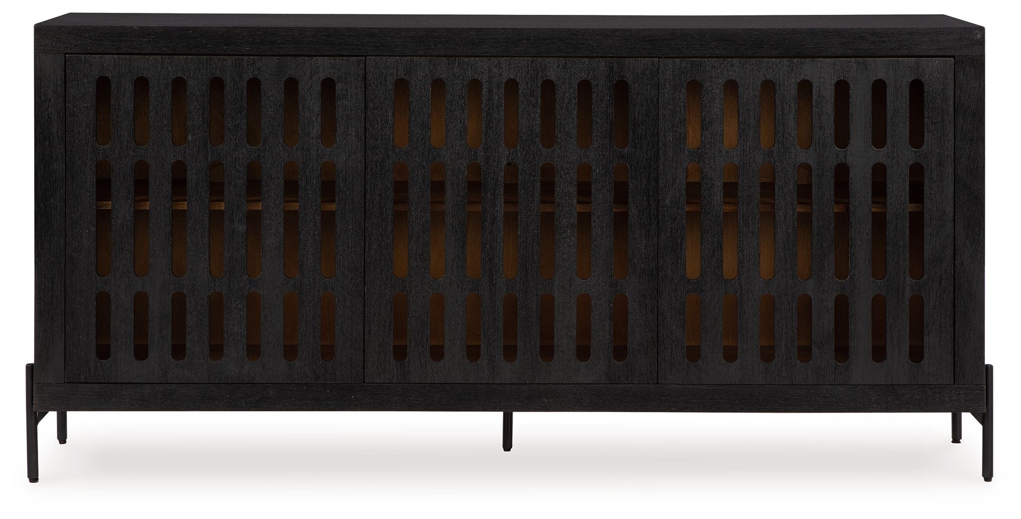 Black accent cabinet with vented slatted front panels and raised legs