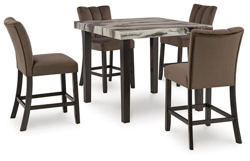 Counter-height dining table with dark brown upholstered bar stools and marble-look top