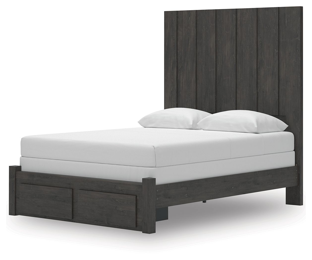 Dark gray panel storage bed frame with white mattress and two pillows, side view