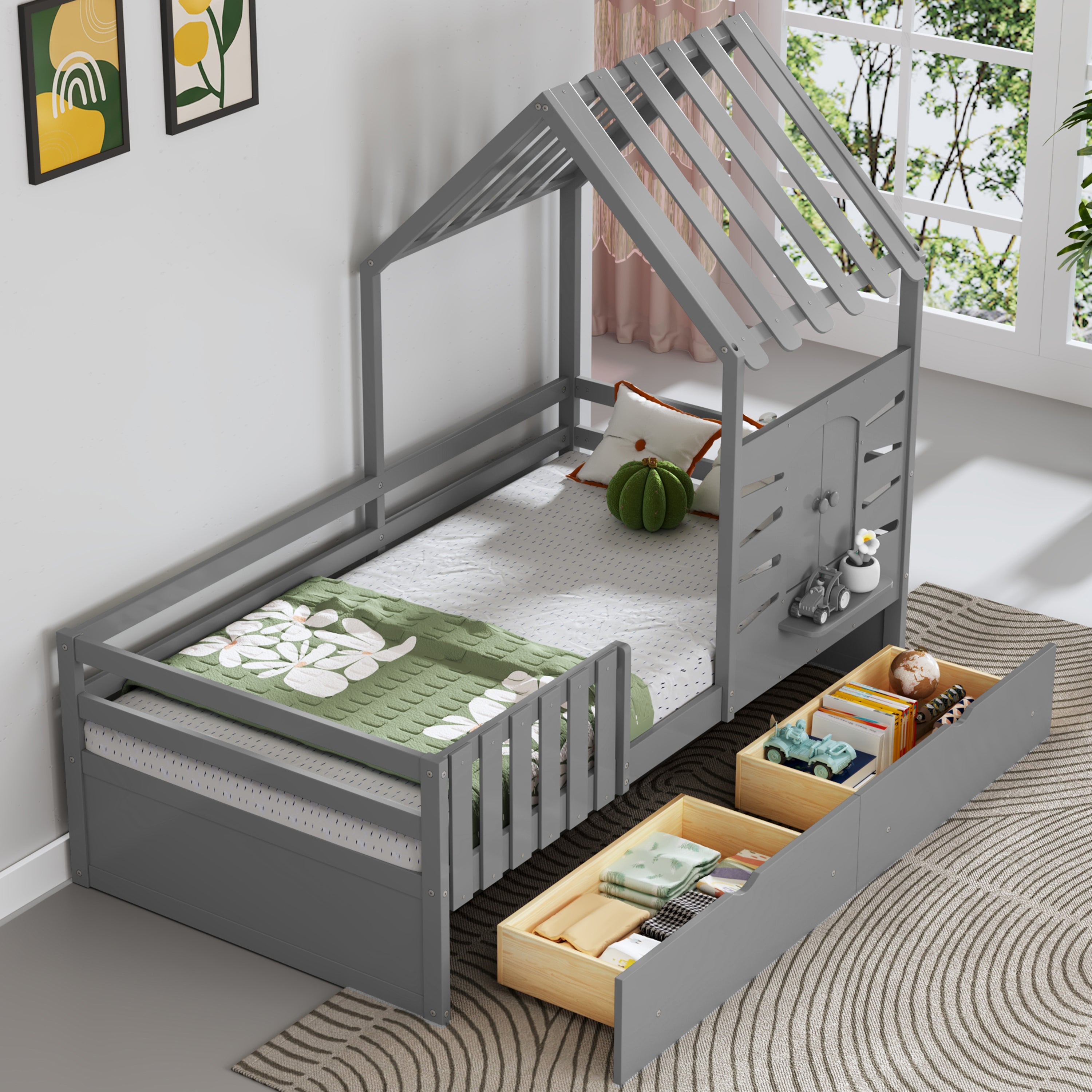 Kids Twin House Bed Frame w/ Storage, Guardrails, Roof, Window, Gray
