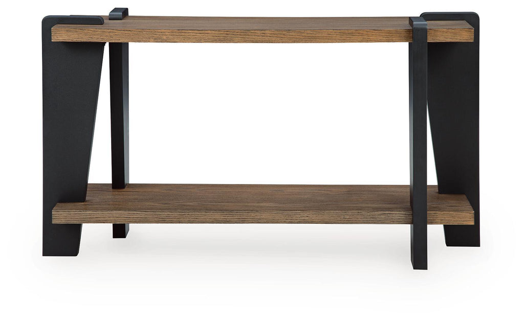 Rectangular table with wood top, lower shelf, and black metal legs with corner blocks
