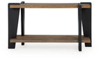 Rectangular table with wood top, lower shelf, and black metal legs with corner blocks