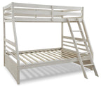 White bunk bed with guard rails, slatted lower platform, and built-in ladder