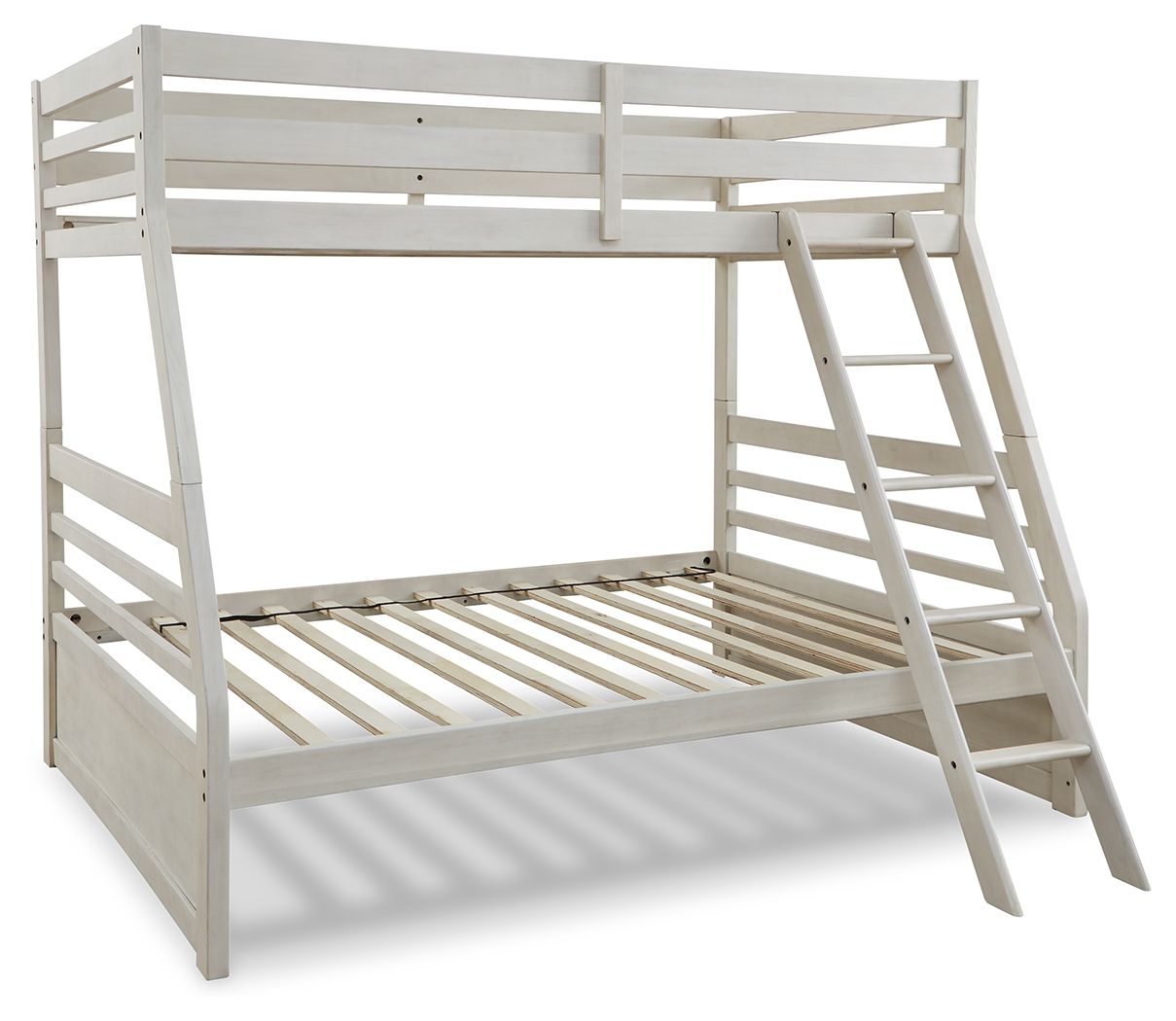 White bunk bed with guard rails, slatted lower platform, and built-in ladder