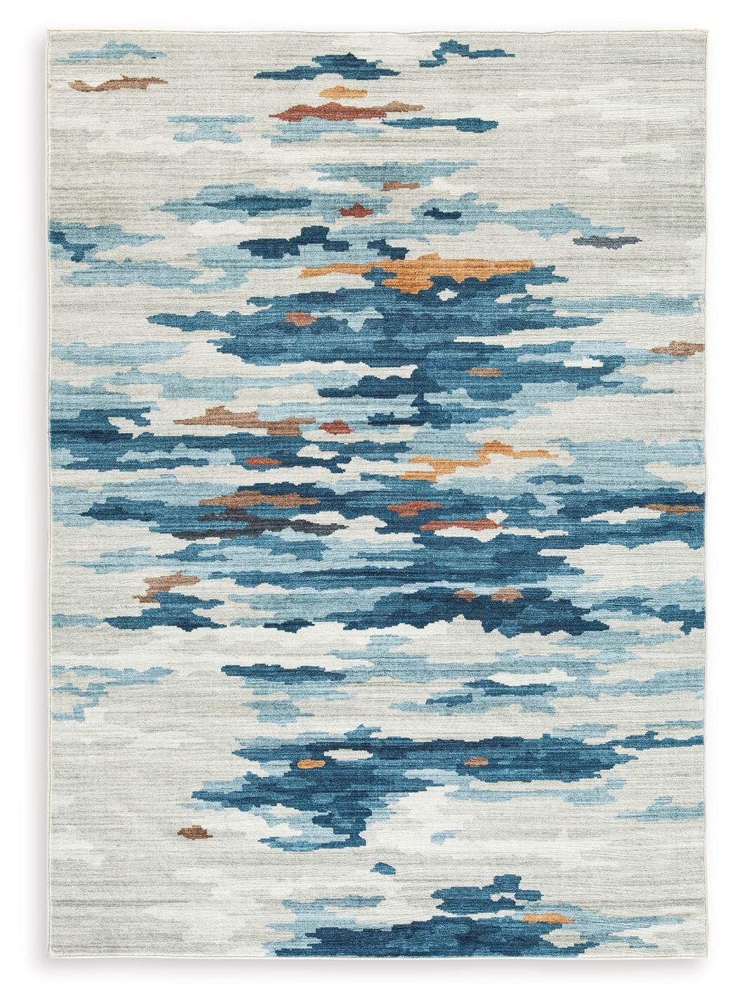 Washable area rug with abstract blue cloud pattern on light cream background
