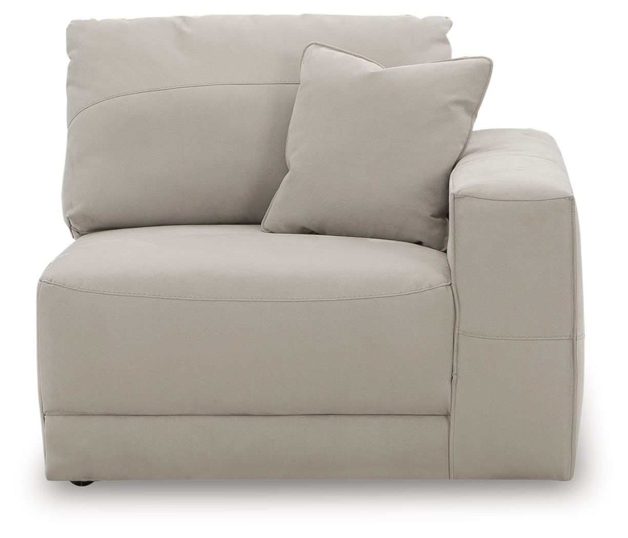 Light gray upholstered corner chair with one seat cushion and two back pillows