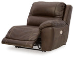 Chocolate brown power recliner with extended footrest and tufted headrest