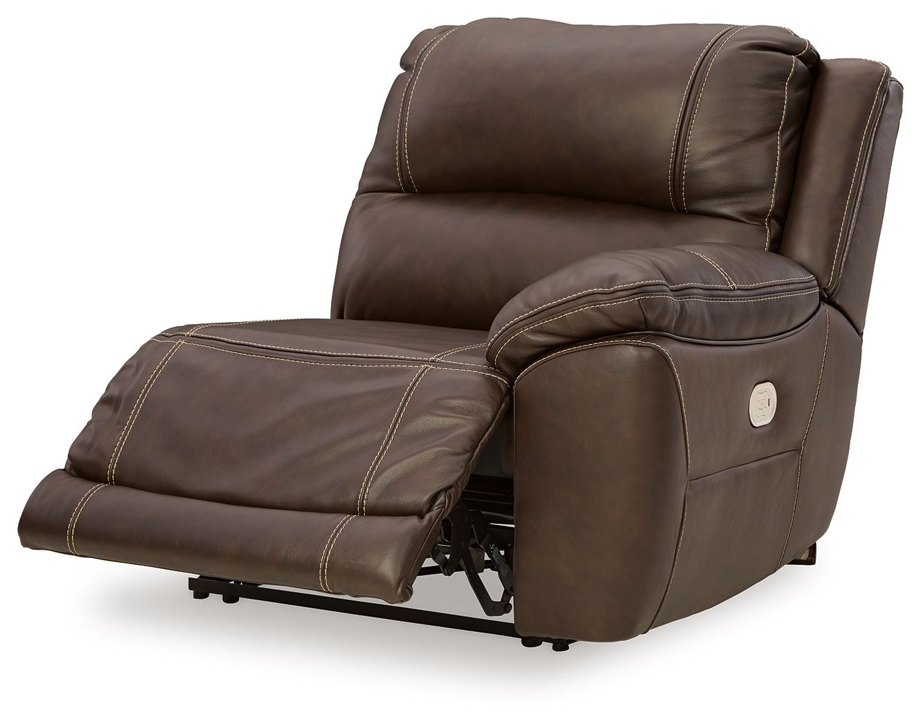 Chocolate brown power recliner with extended footrest and tufted headrest