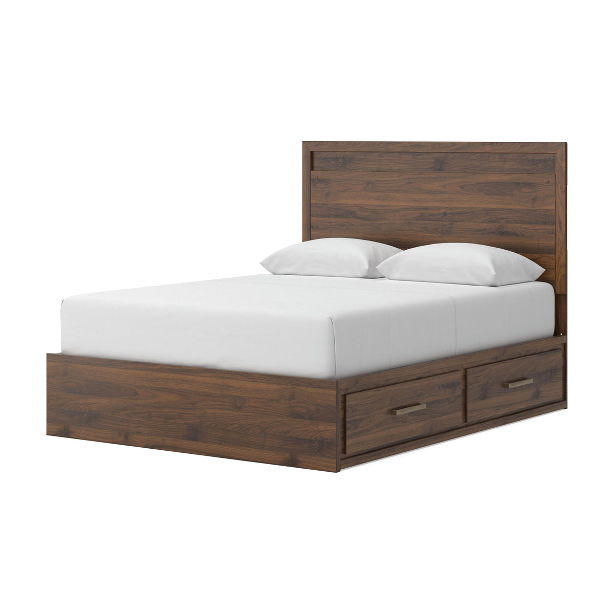 Light brown panel storage bed with white mattress and two under-bed drawers, side view