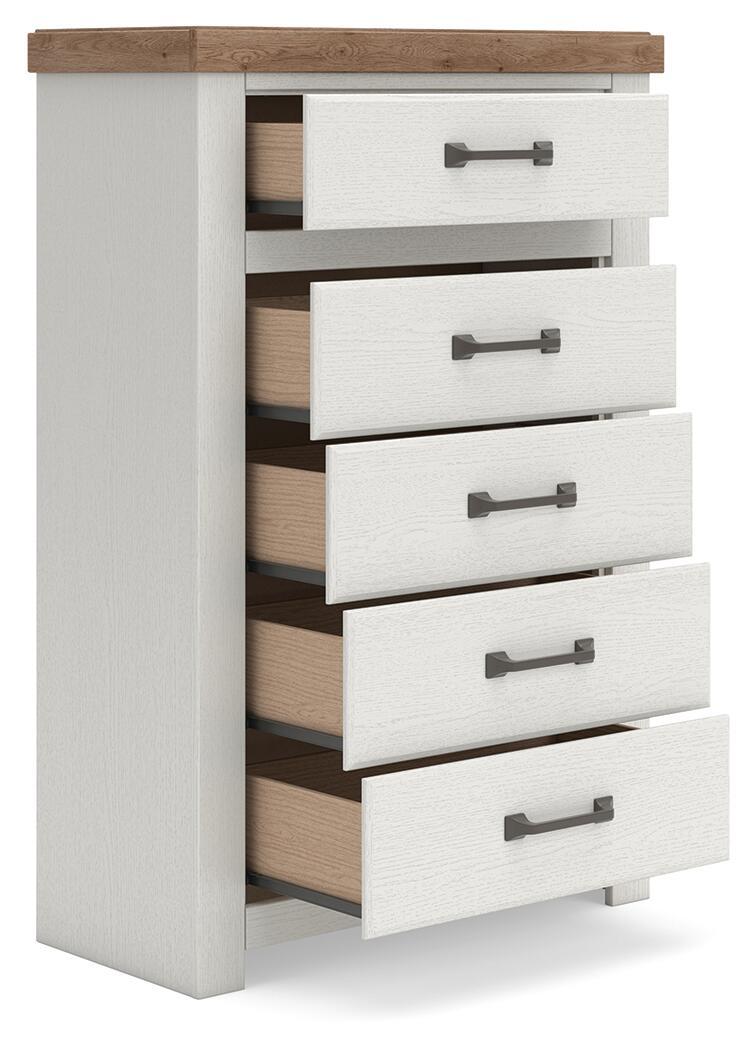 White chest of drawers with open drawers showing brown wooden interior and dark bar pulls