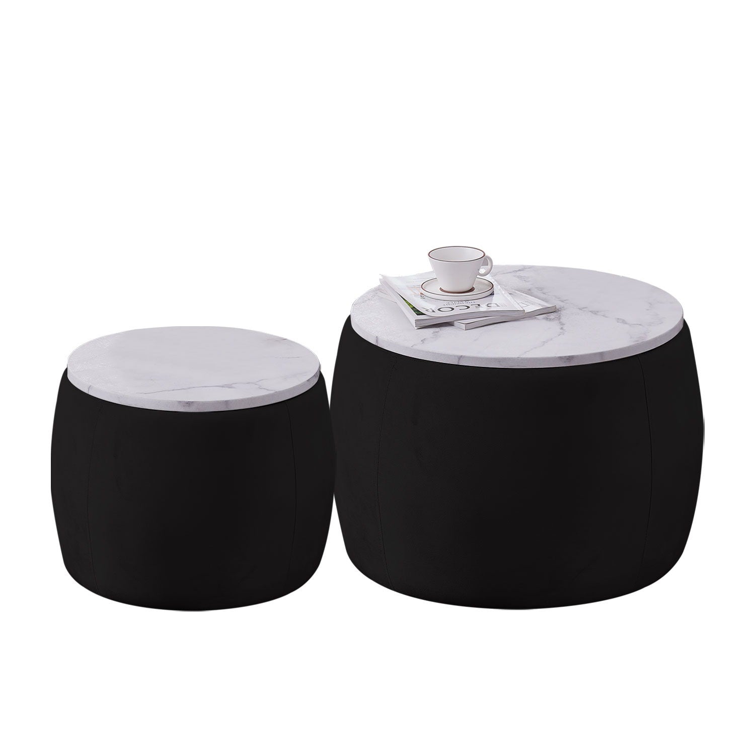 (Set of 2) End Table With Storage, Round Accent Side Table With Removable Top For Living Room, Bedroom, Top 650 x 450, 480 x 390, Black