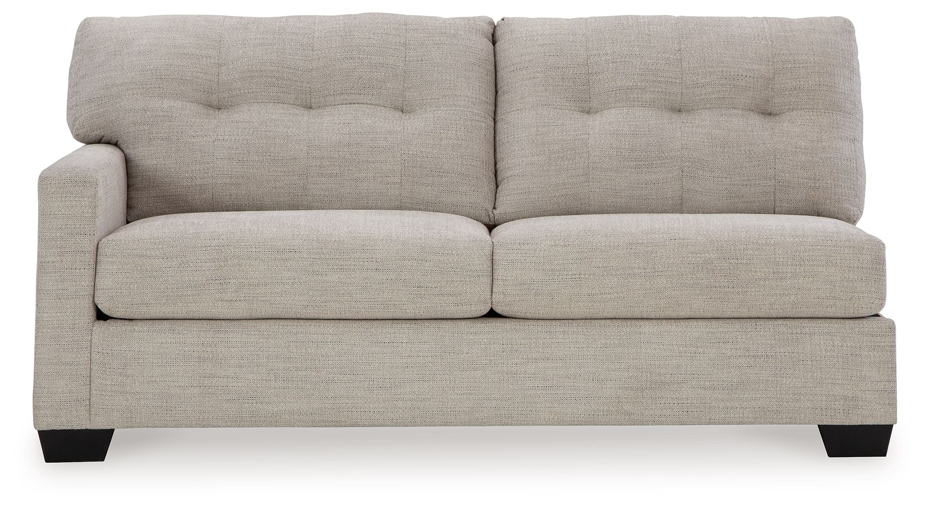 Pebble upholstered sofa with tufted backrest, wide arms, and dark tapered legs