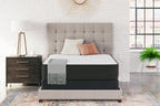 Firm mattress on bed frame with white top and black side panels