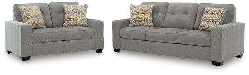 Gray fabric sofa and matching recliner set with patterned throw pillows