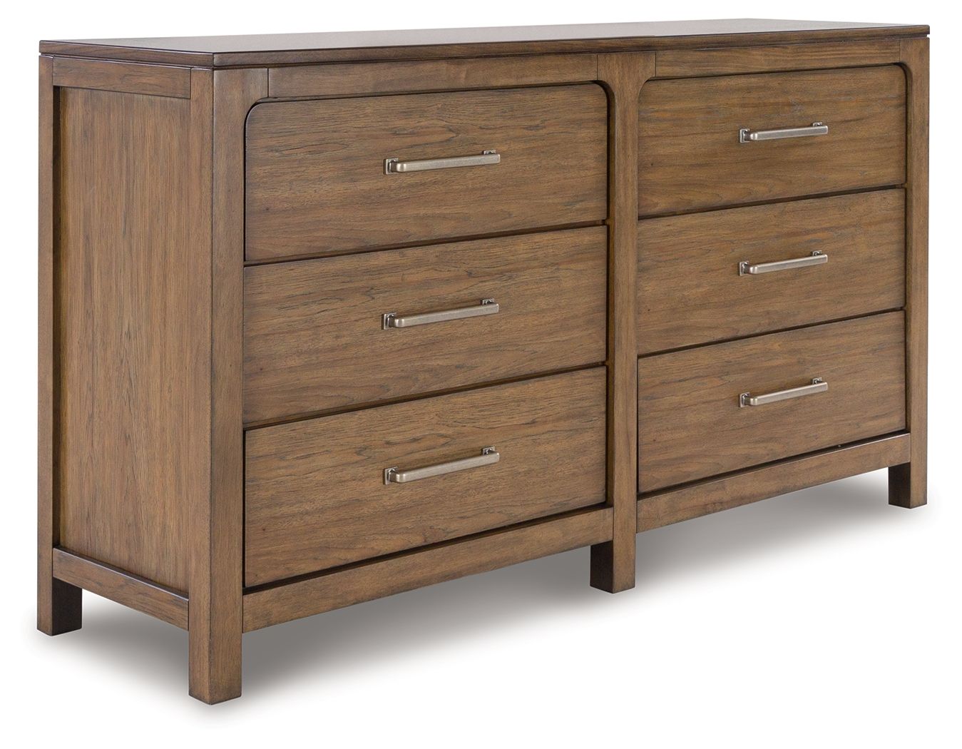 Light brown wooden dresser with four drawers and metal bar pulls, side view